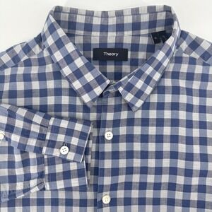 Theory Blue Check Linen Cotton Blend Button Down Long‎ Sleeve Shirt Mens XL
